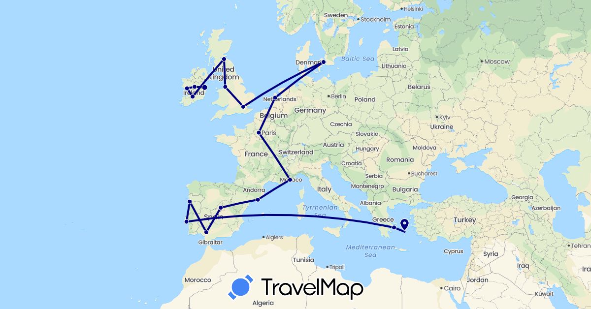 TravelMap itinerary: driving in Denmark, Spain, France, United Kingdom, Greece, Ireland, Netherlands, Portugal (Europe)