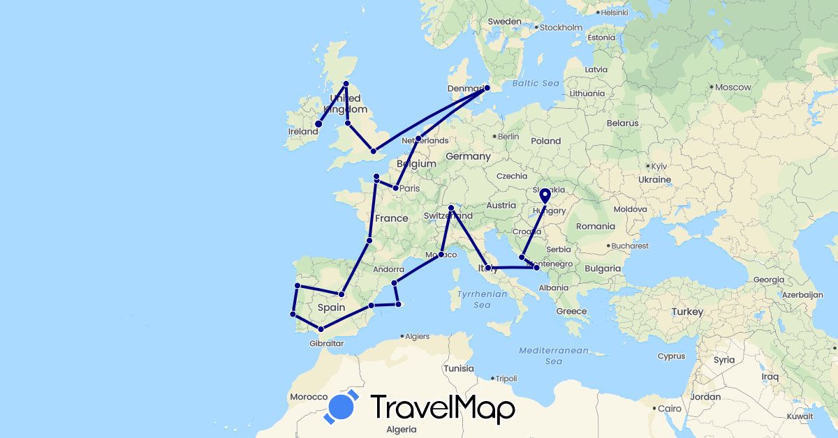TravelMap itinerary: driving in Switzerland, Denmark, Spain, France, United Kingdom, Croatia, Hungary, Ireland, Italy, Monaco, Netherlands, Portugal (Europe)